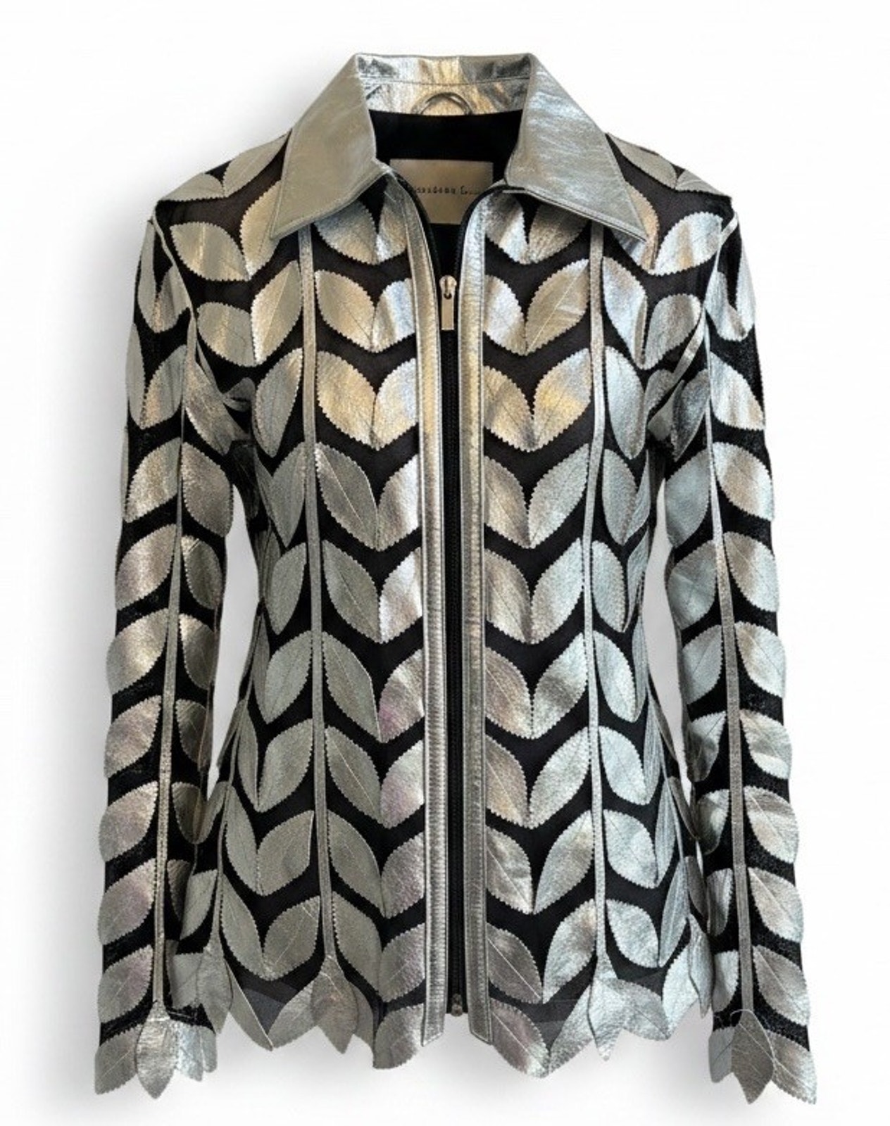 Vtg Genuine Leather Leaf Mesh Jacket Silver Black Sheer Retro Avant Garde Glam S